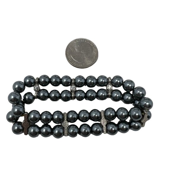 Gray Green Pearl Bracelet Stretch Double Row Rhinestone‎ Silver Tone Stations - Picture 2 of 4